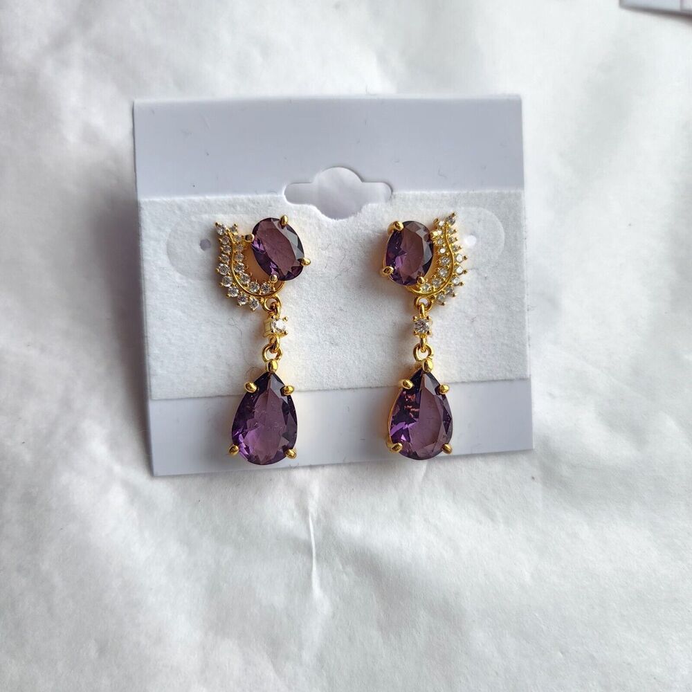 Amethyst Earrings Post Back 925 Sterling Silver Gold Vermeil Dangle New Romantic - Picture 9 of 9